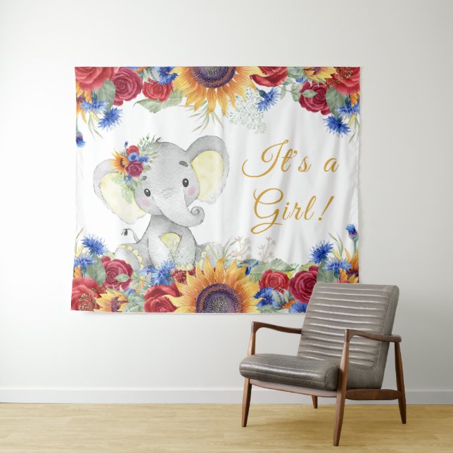 Girl Sunflower Elephant Baby Shower Backdrop (In Situ (Horizontal))