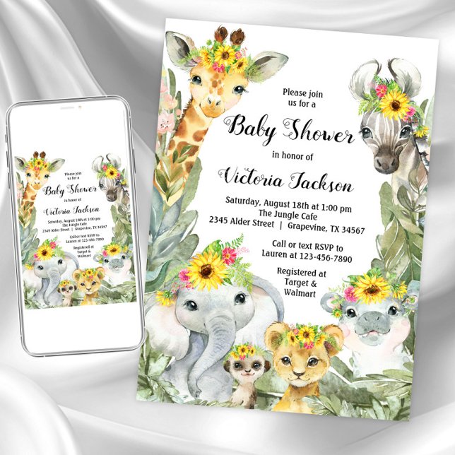 Girl Sunflower Safari Baby Shower Invitation (Girl sunflower safari baby shower invitation. Instant download and printed invitations available.)
