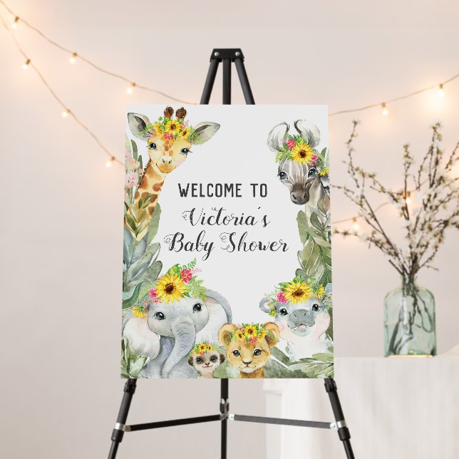 Girl Sunflower Safari Baby Shower Welcome Sign (In Situ (Stand))