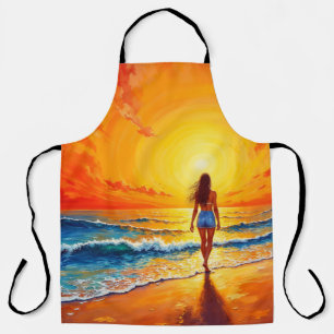Girl sunset beach walk ocean waves decor apron