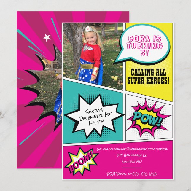 Girl Super Hero Birthday Party Invitation (Front/Back)