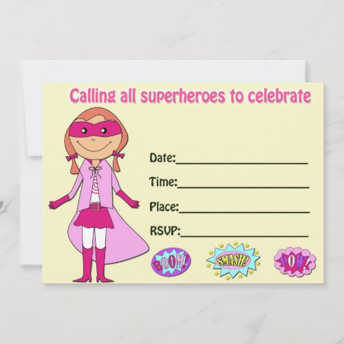 Girl superhero birthday invitation fill in blank