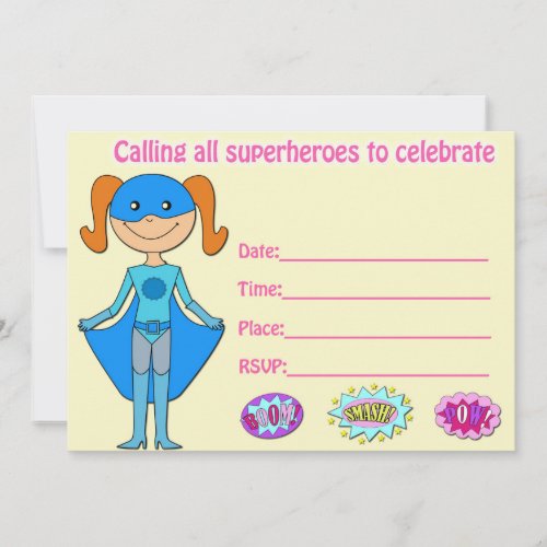 Girl superhero birthday invitation fill in blank