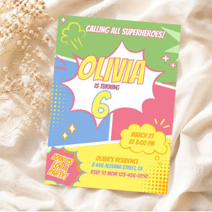 Girl Superhero Birthday Invitation Pastel Pink