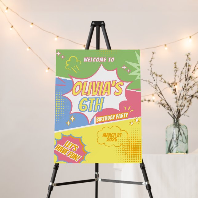 Girl Superhero Birthday Welcome Party Sign Pink (In Situ (Stand))
