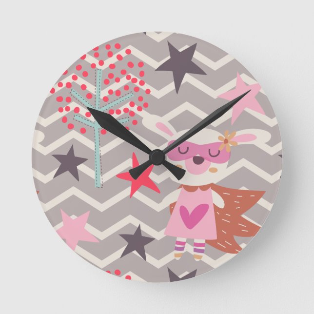Girl Superhero Bunny Round Clock (Front)