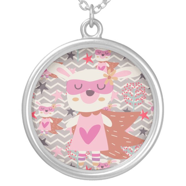 Girl Superhero Bunny Silver Plated Necklace (Front)