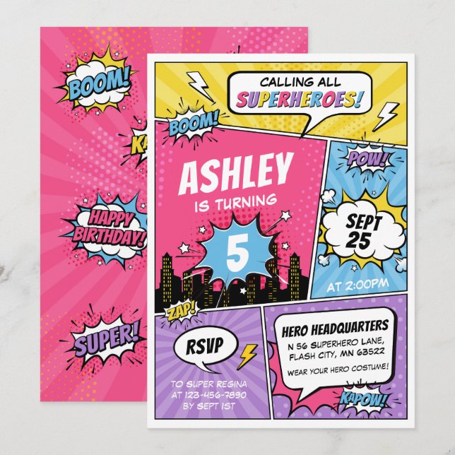 Girl Superhero Comic Birthday Invitation (Front/Back)