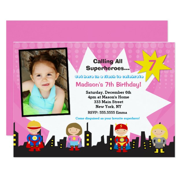 Girl Superhero Photo Birthday Party Invitations