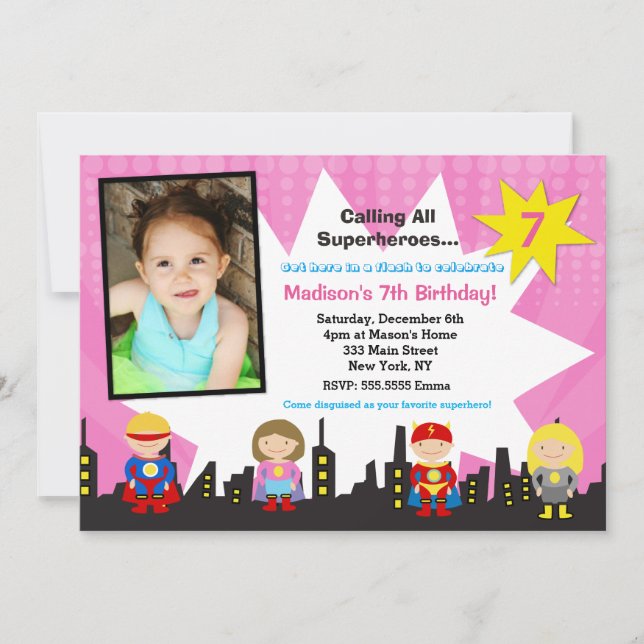 Girl Superhero Photo Birthday Party Invitations (Front)
