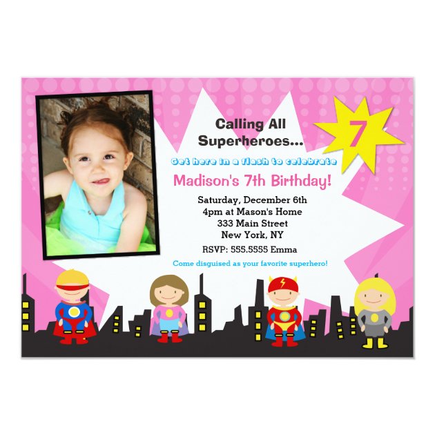 Girl Superhero Photo Birthday Party Invitations