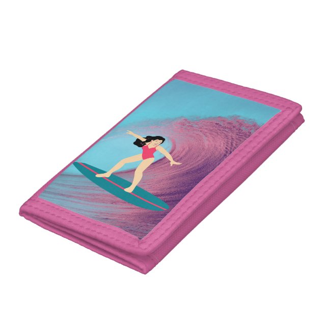 Girl surfing at sunset. trifold wallet (Bottom)