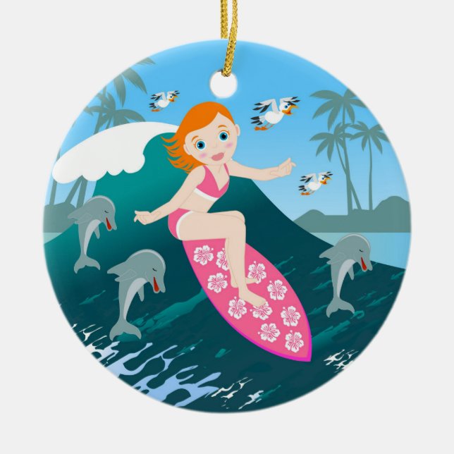 Girl surfs big wave with dolphins ceramic ornament (Front)
