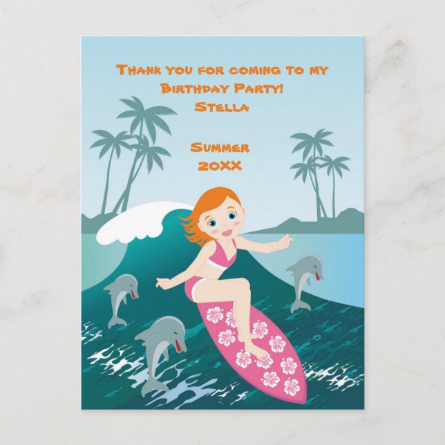 Girl surfs big wave with dolphins postcard (Front)