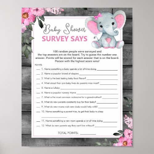 Girl Survey Says Baby Shower Game Pink Elephant Poster