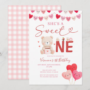 Girl Sweet One Bear Valentine Birthday Gift Party Invitation