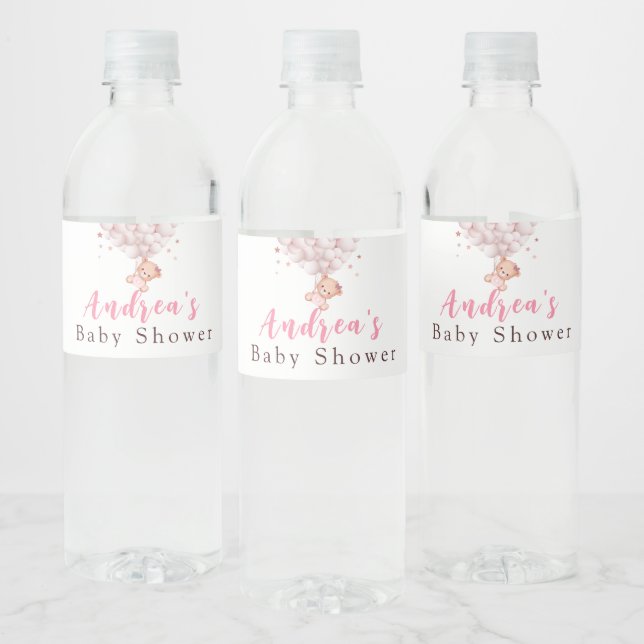 Girl Sweet Pink Bear Baby Shower Water Bottle Label (Bottles)