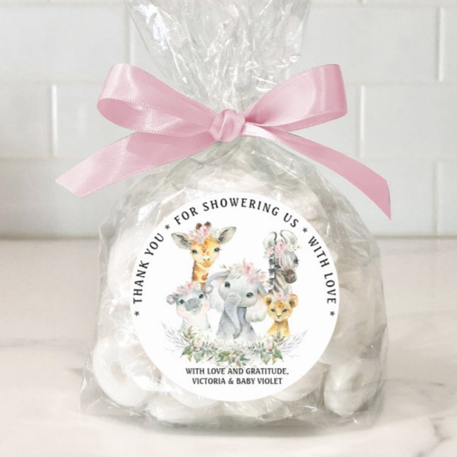 Girl Sweet Safari Baby Shower Classic Round Sticker (Girl safari baby shower favor tags.)