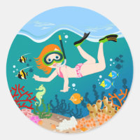Girl swimmer has a birthday party classic round sticker