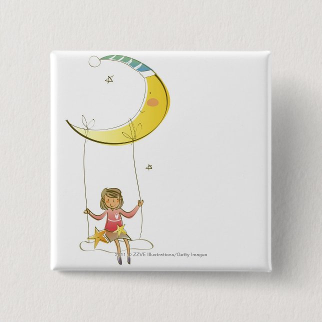 Girl swinging on a rope hanging from crescent moon button (Front)