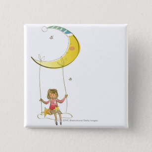Girl swinging on a rope hanging from crescent moon button