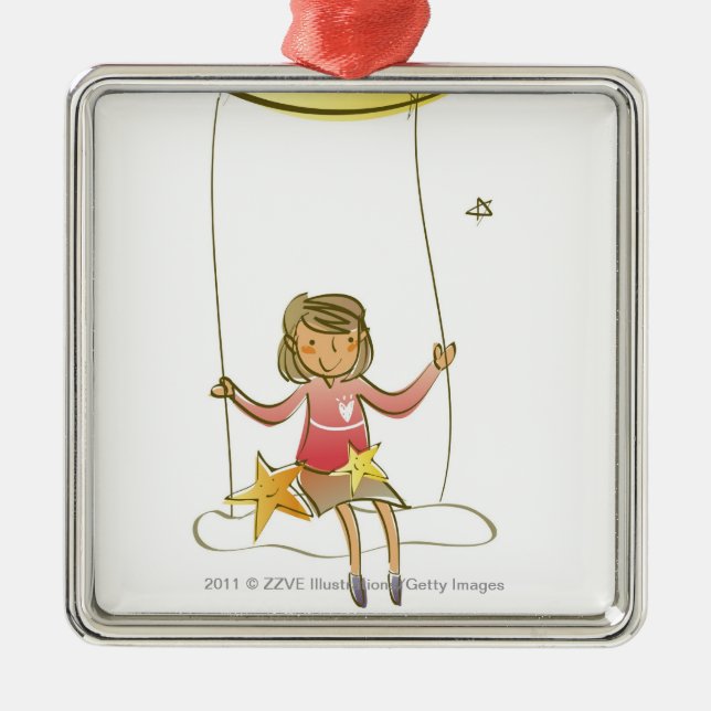 Girl swinging on a rope hanging from crescent moon metal ornament (Front)