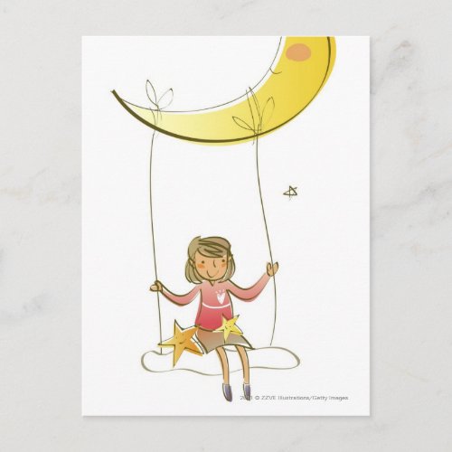 Girl swinging on a rope hanging from crescent moon postcard