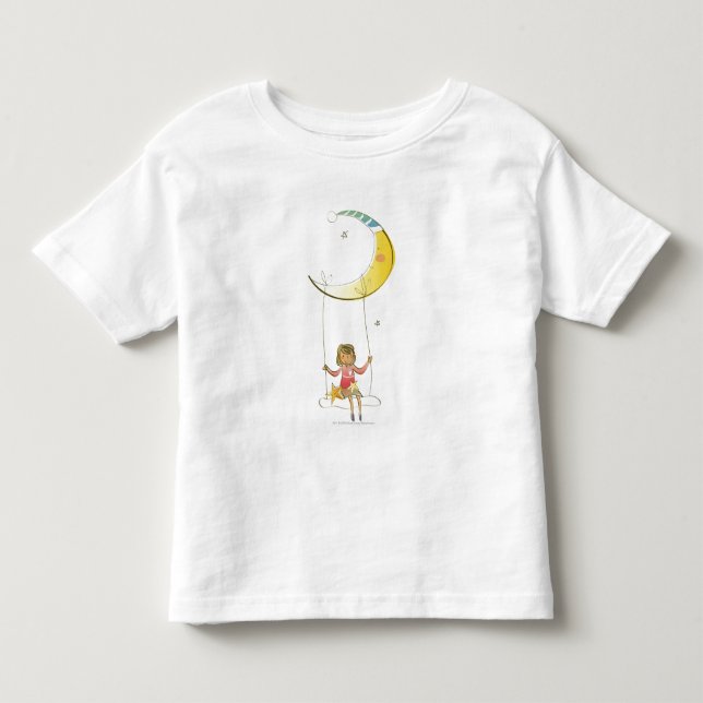 Girl swinging on a rope hanging from crescent moon toddler t-shirt (Front)