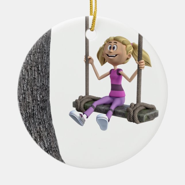 Girl Swinging on a Rope Swing Ceramic Ornament (Front)