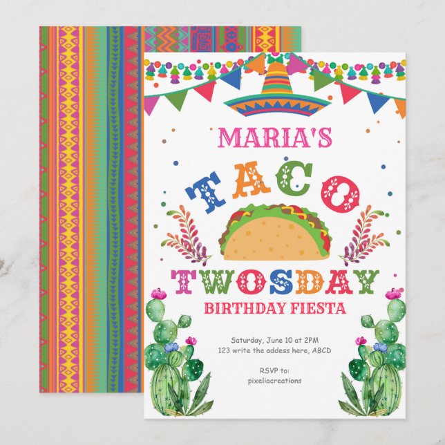 Girl, Taco 2nd Birthday, Fiesta, Taco Twosday Invitation (Front/Back)