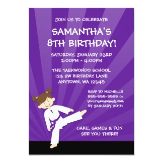 Girl Taekwondo Karate Purple Belt Birthday 5x7 Paper Invitation Card