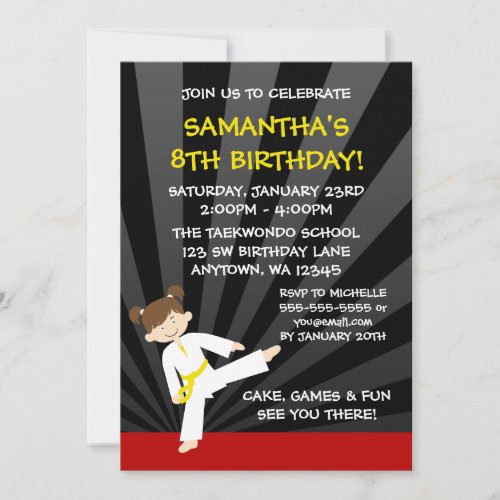 Girl Taekwondo Karate Yellow Belt Birthday Invitation