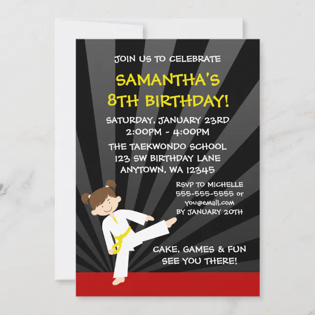 Girl Taekwondo Karate Yellow Belt Birthday Invitation | Zazzle