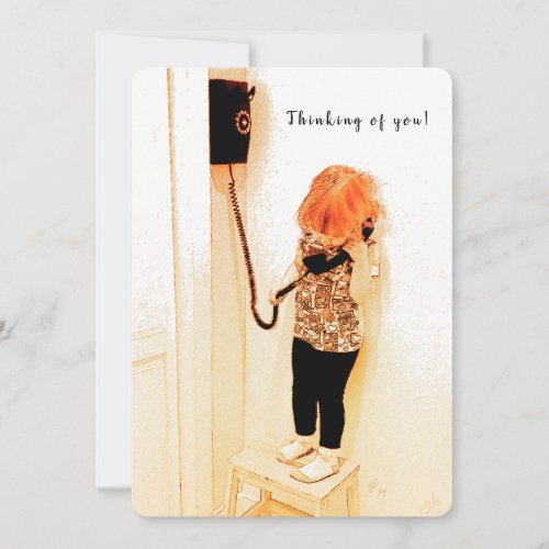 Girl Talking on Old Wall Phone Thinking of you Holiday Card