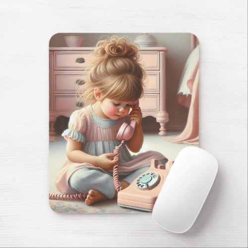 Girl Talking On Retro Pink Telephone Mouse Pad
