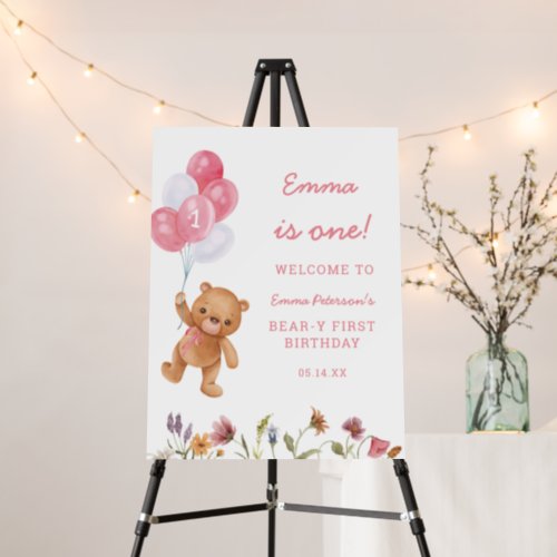 Girl Teddy Bear 1st Birthday Party Welcome Sign