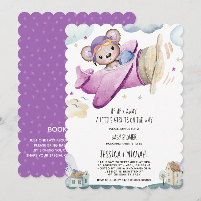 Girl Teddy Bear Airplane Baby Shower Invitation (Front/Back)
