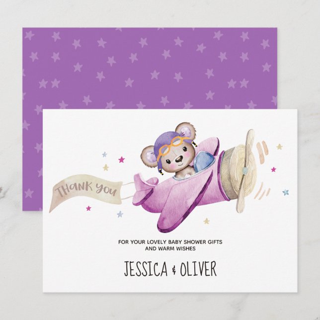 Girl Teddy Bear Airplane Thank You Card (Front/Back)