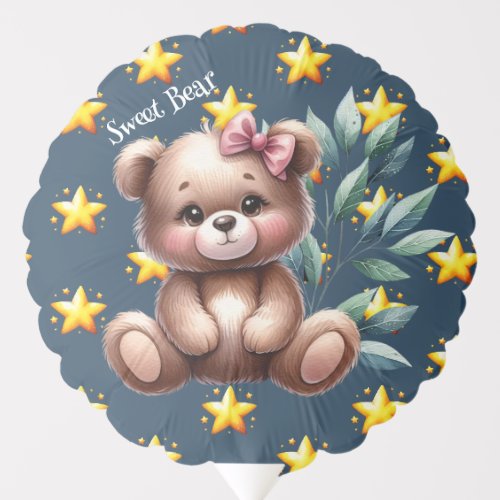 Girl Teddy Bear and Twinkling Stars Baby Shower Balloon