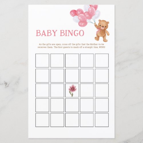 Girl Teddy Bear Baby Bingo Game Card