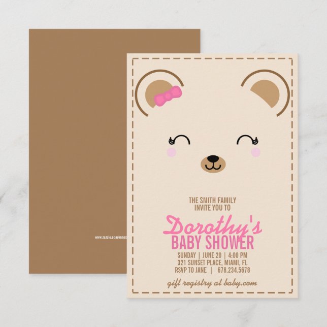 girl teddy bear BABY SHOWER invitation 2 (Front/Back)