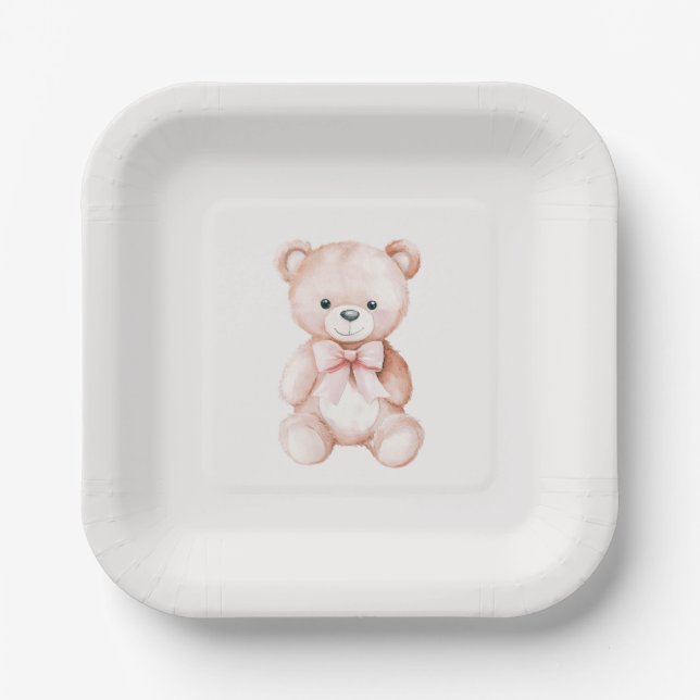 Girl Teddy Bear Baby Shower Paper Plates (Front)