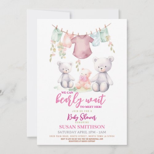 Girl Teddy Bear Baby Shower Pink Barely Wait Invitation