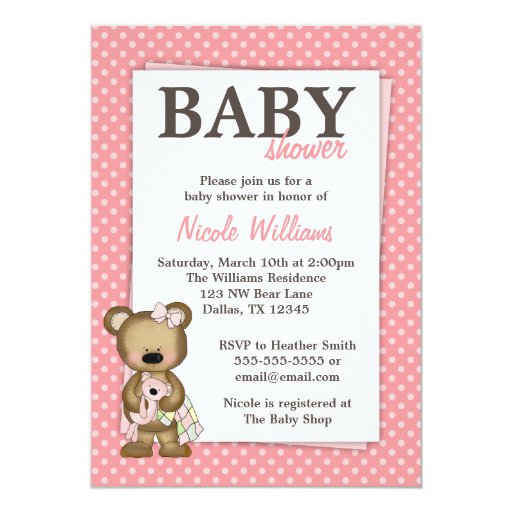 Girl Teddy Bear Baby Shower Pink Dots Invitation | Zazzle