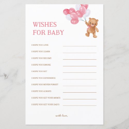 Girl Teddy Bear Baby Shower Wishes For Baby Card