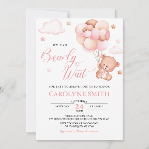 Girl Teddy Bear Balloon Bearly Wait Baby Shower Invitation