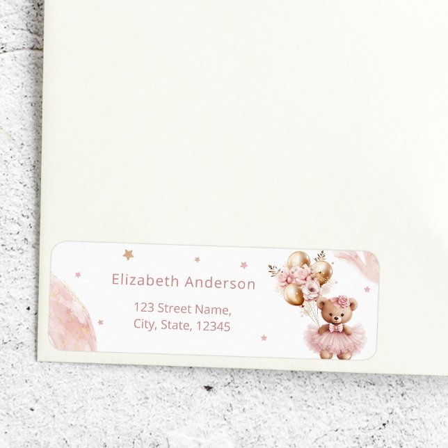 Girl Teddy Bear Balloon Bearly Wait Baby Shower Label (Creator Uploaded)