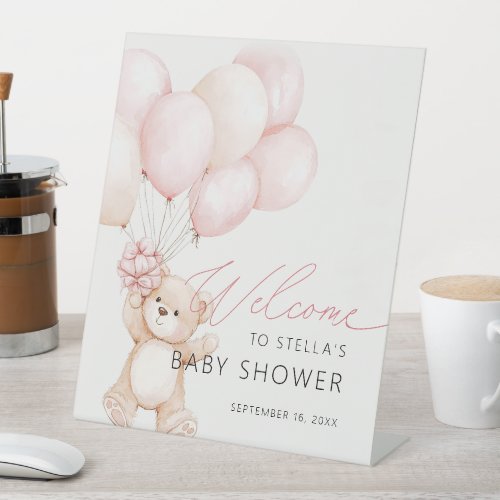 Girl Teddy Bear Balloon Pink Baby Shower Welcome Pedestal Sign