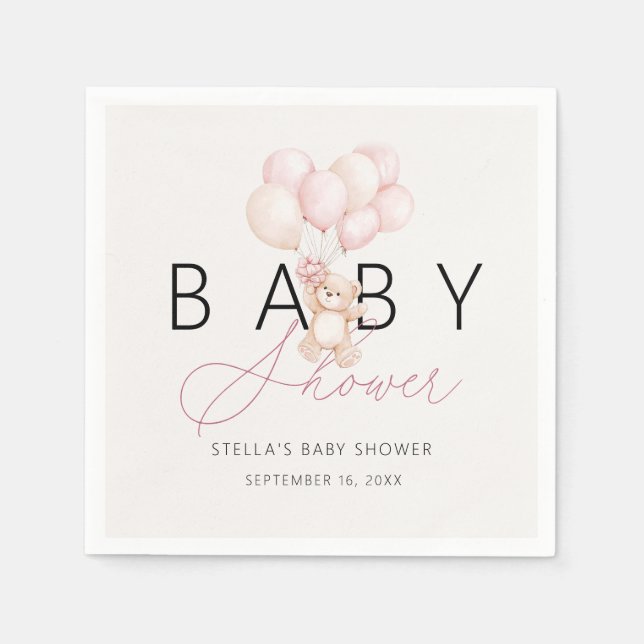 Girl Teddy Bear Balloons Baby Shower Paper Napkins (Front)