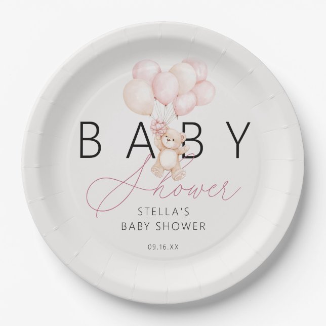 Girl Teddy Bear Balloons Baby Shower Paper Paper Plates (Front)
